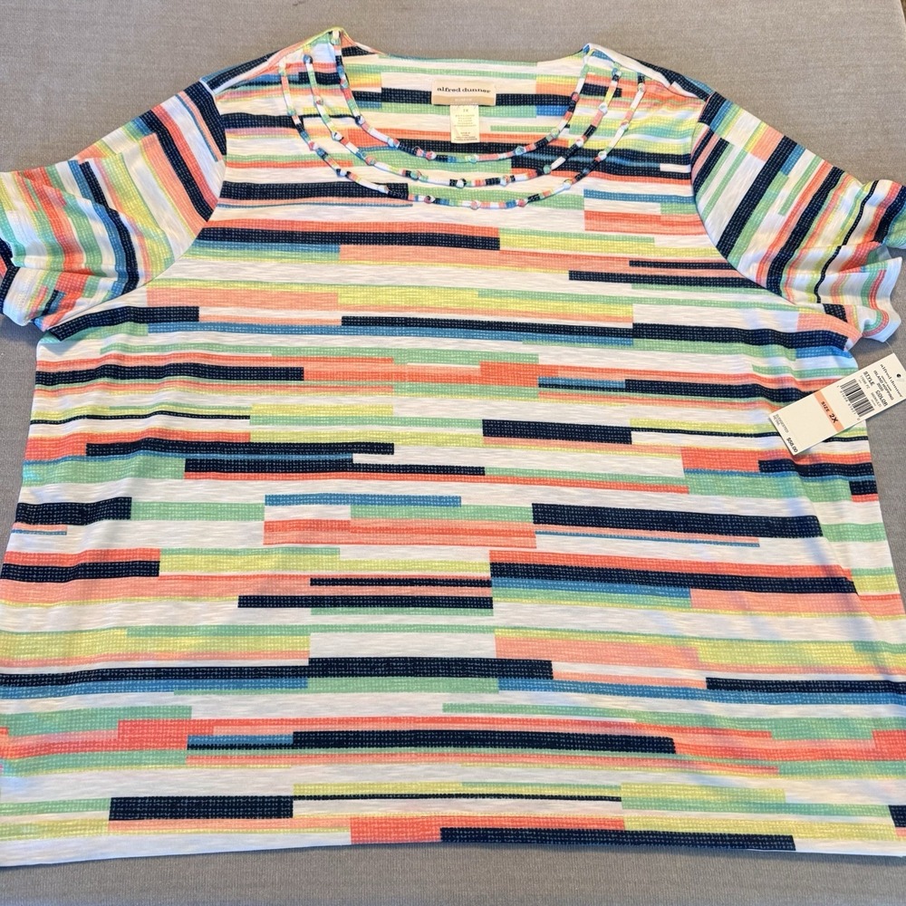 Alfred Dunner 2X Top NWT Island Hopping Multicolor Stripe Embellished Neck